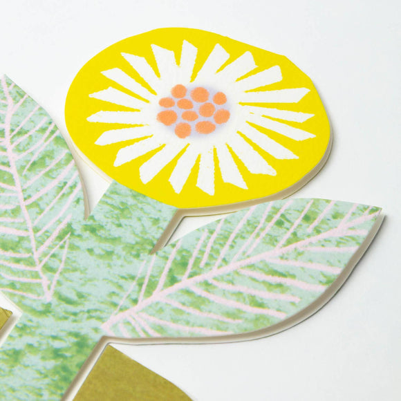 Grußkarte Aufstellkarte ‚Gelbe Blume – Joy!‘ – 3D-Klappkarte zum Aufstellen mit gelber Blüte, grünen Blättern und Sockel-Aufdruck ‚JOY!‘
