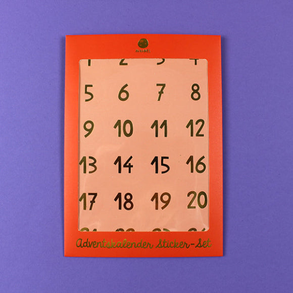 Ava & Yves Adventskalender Sticker-Set mit 24 Zahlen-Aufklebern 1–24, rund Ø 28 mm, auf A5-Bogen, verpackt im roten Pappschuber.
