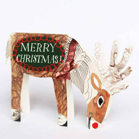 Aufstellbare Weihnachtskarte mit kollagiertem Rudolph (rote Nase) auf 300-g/m² Karton, recycelter Zitrus-Umschlag im Hintergrund