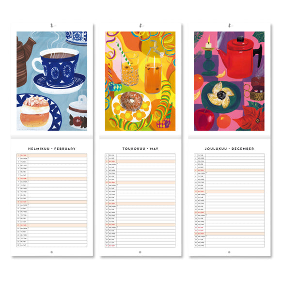 Kakkukahvit 2026 A4 Wandkalender – drei Monatsseiten mit skandinavischen Illustrationen und zweisprachigen Monatsübersichten (Februar, Mai, Dezember)

