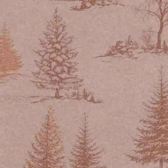 Geschenkpapier nah: verstreute Tannen auf Beige, leichter Schimmer
