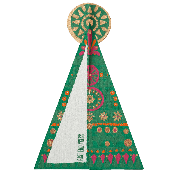 Grüne Pop-up-Tannenbaum-Karte mit goldenen Akzenten; zwei Teile zum 3D-Zusammenstecken; C6; Recyclingpapier.