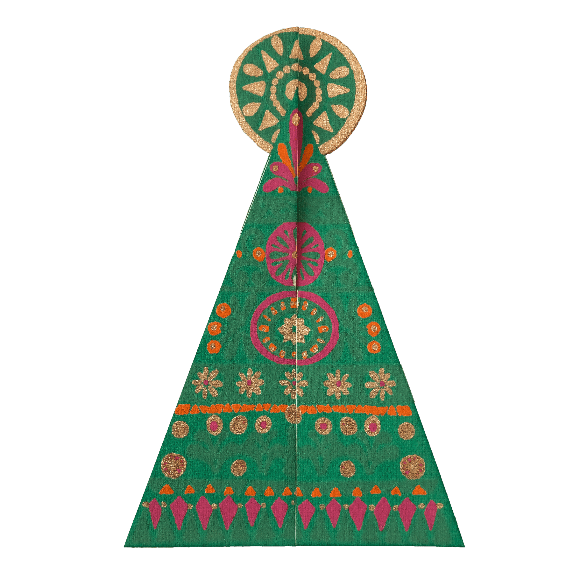 Grüne Pop-up-Tannenbaum-Karte mit goldenen Akzenten; zwei Teile zum 3D-Zusammenstecken; C6; Recyclingpapier.